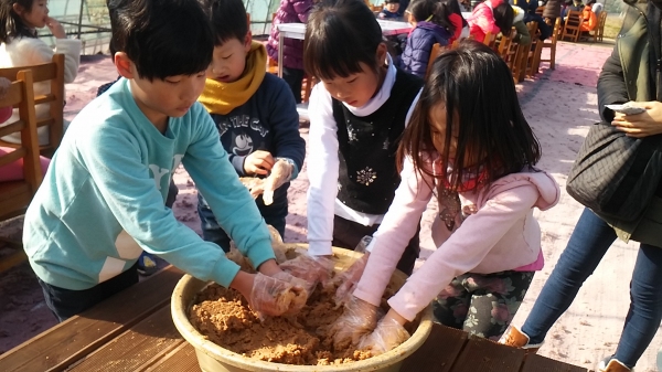 아이들이 사천시 정월샘 교육농장에서 장가르기 체험을 하고 있다.